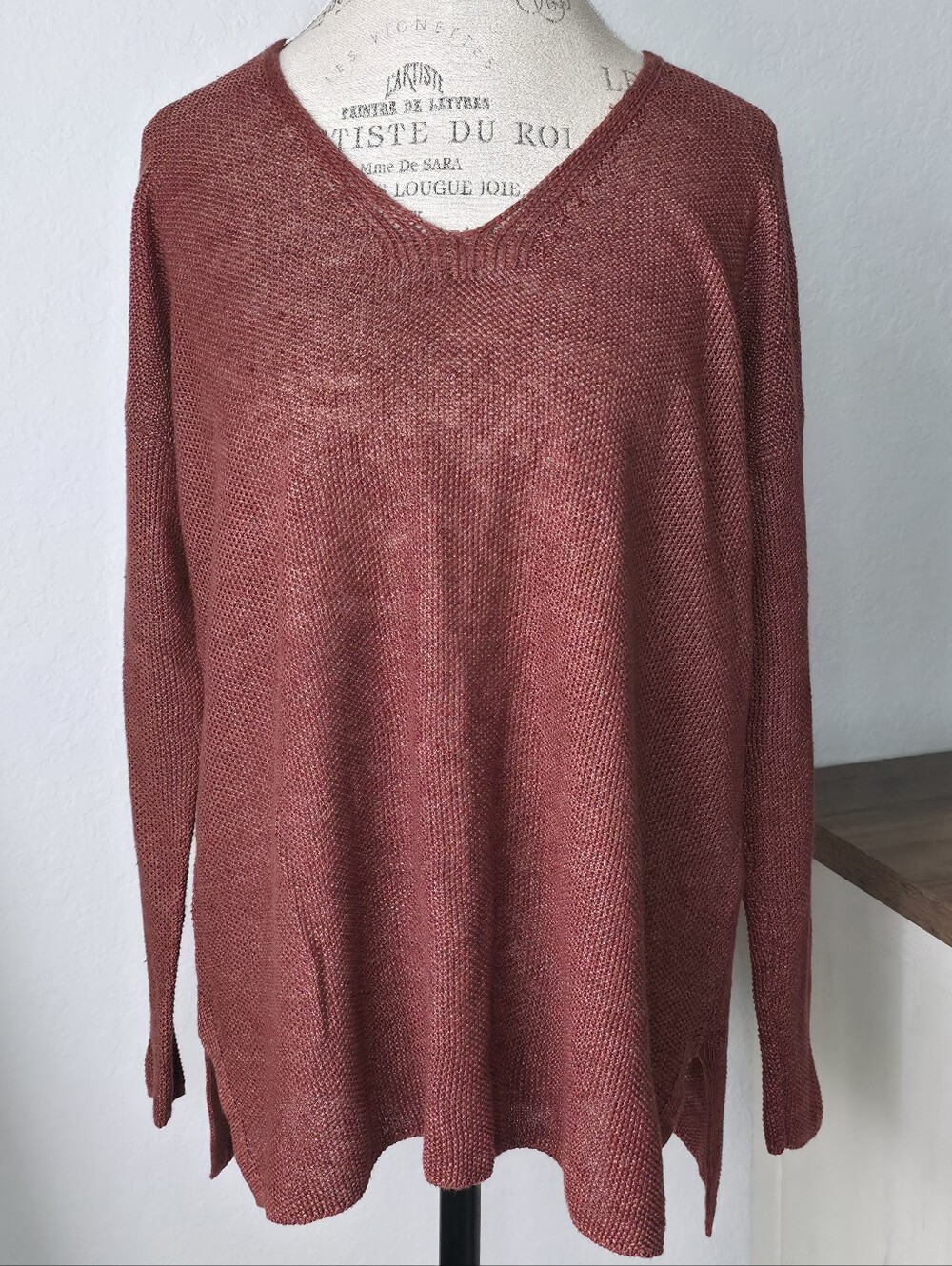 Eileen Fisher V-Neck Open Knit Sweater Organic Linen V-neck XS Oversized Tunic